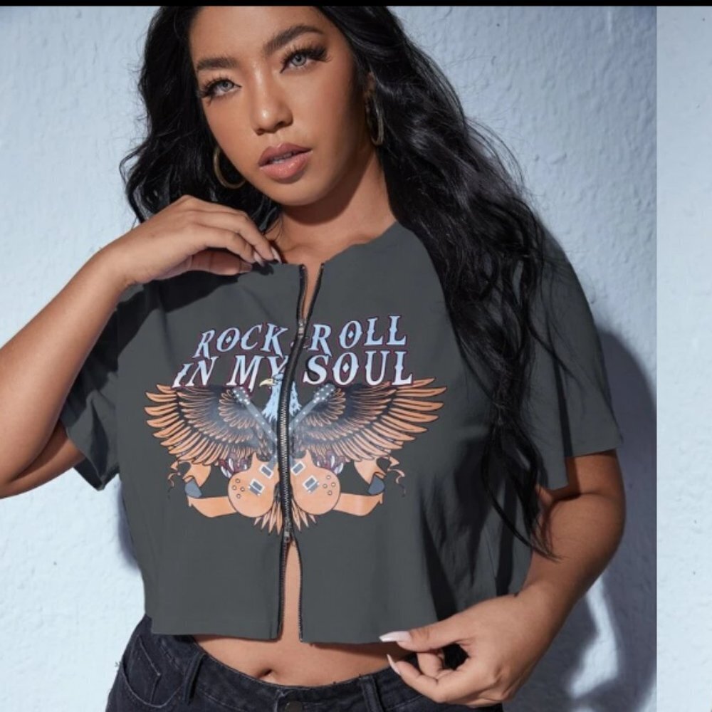 Plus Zip Up Rock & Roll Graphic Crop Tee